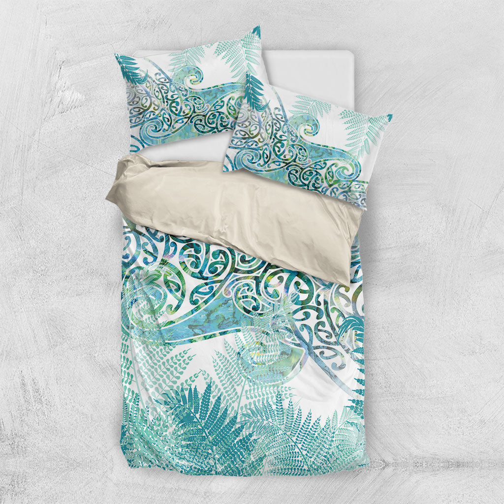 Aotearoa Maori Koru Curves Bedding Set Mossy Paua Shell LT7 US Twin 172cm x 218cm Green - Polynesian Pride