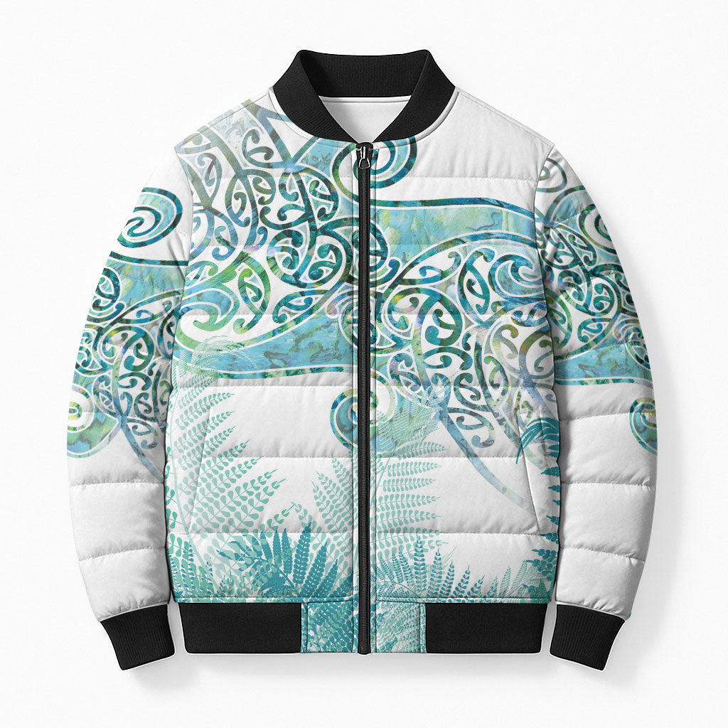 Aotearoa Maori Koru Curves Bomber Puffer Jacket Mossy Paua Shell LT7 Unisex Green - Polynesian Pride
