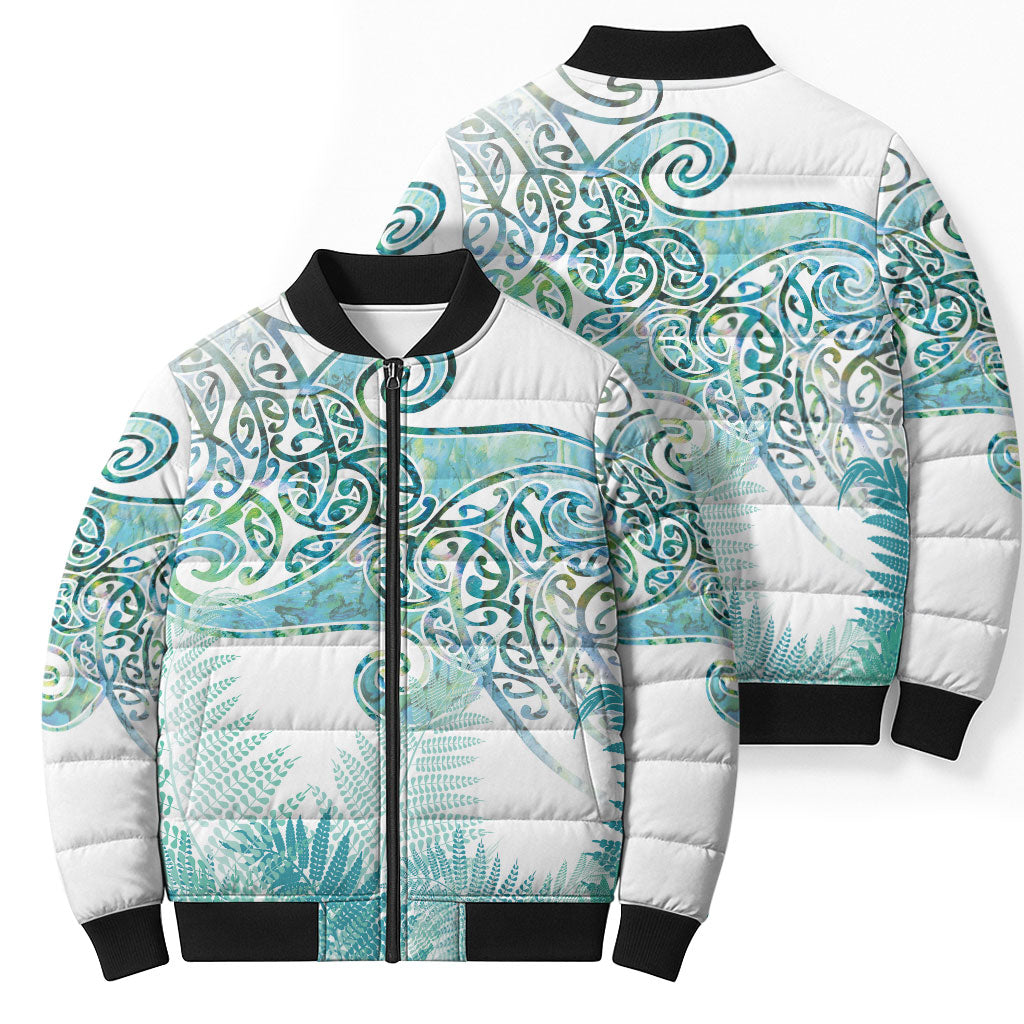 Aotearoa Maori Koru Curves Bomber Puffer Jacket Mossy Paua Shell LT7 - Polynesian Pride