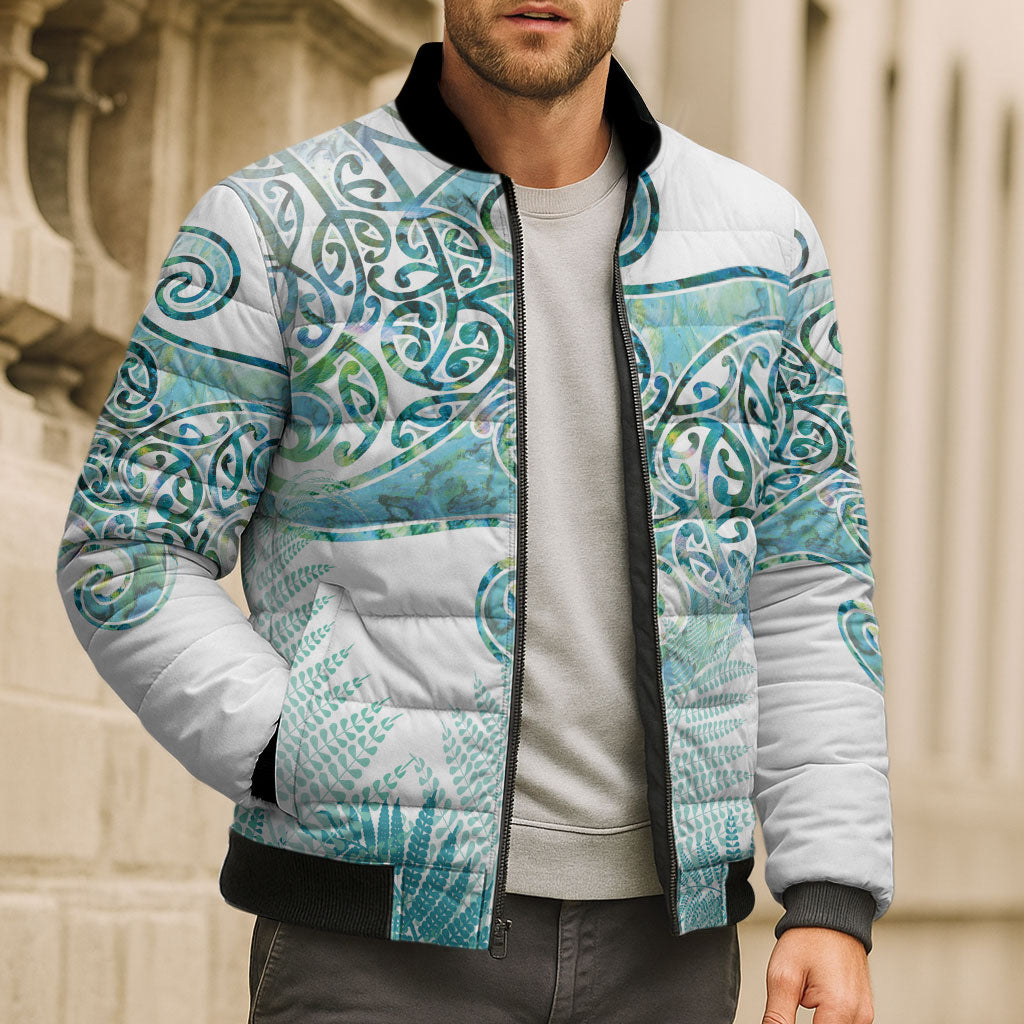 Aotearoa Maori Koru Curves Bomber Puffer Jacket Mossy Paua Shell LT7 - Polynesian Pride