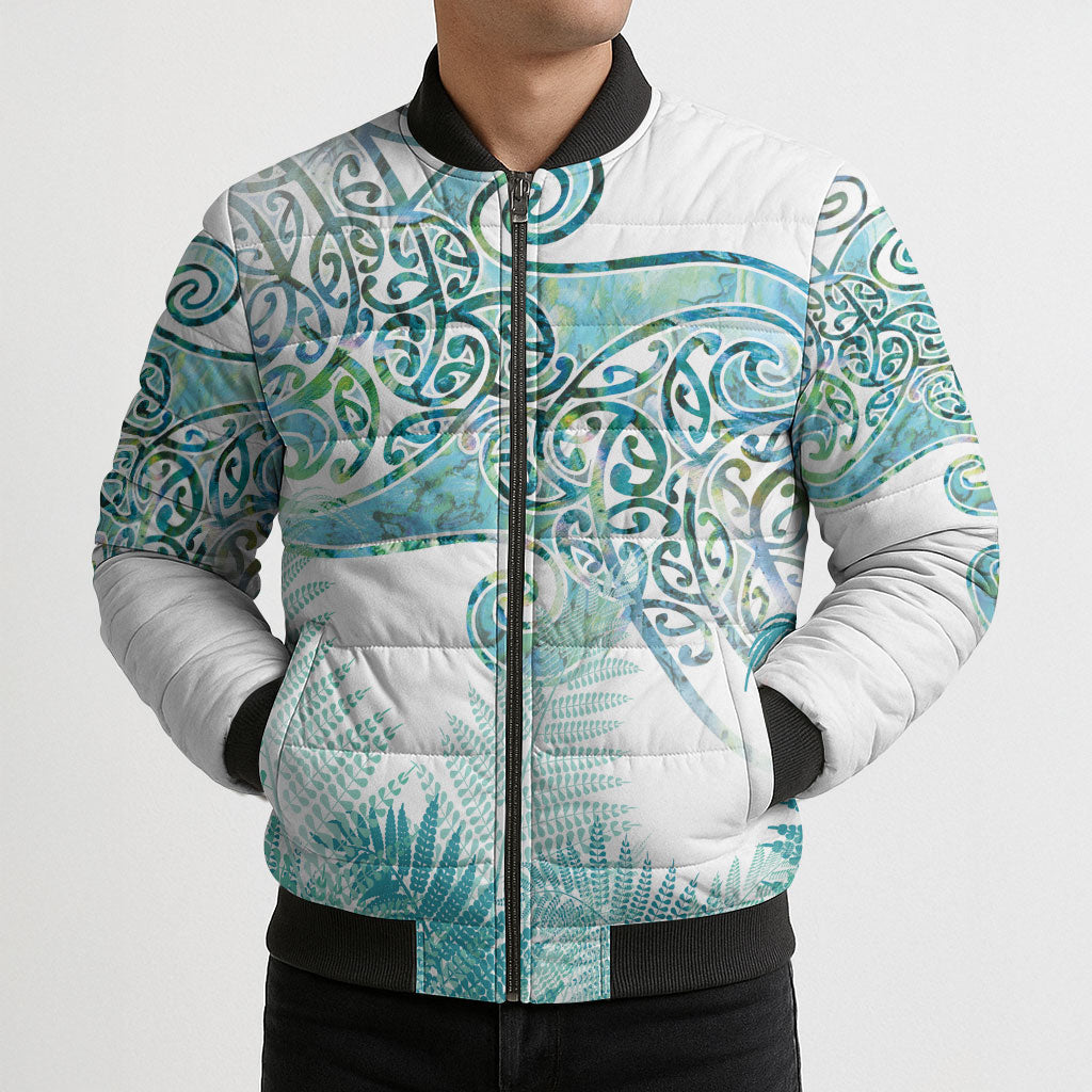 Aotearoa Maori Koru Curves Bomber Puffer Jacket Mossy Paua Shell LT7 - Polynesian Pride