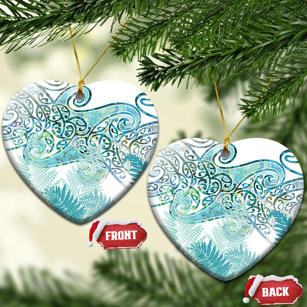 Aotearoa Maori Koru Curves Ceramic Ornament Mossy Paua Shell LT7 Heart Green - Polynesian Pride