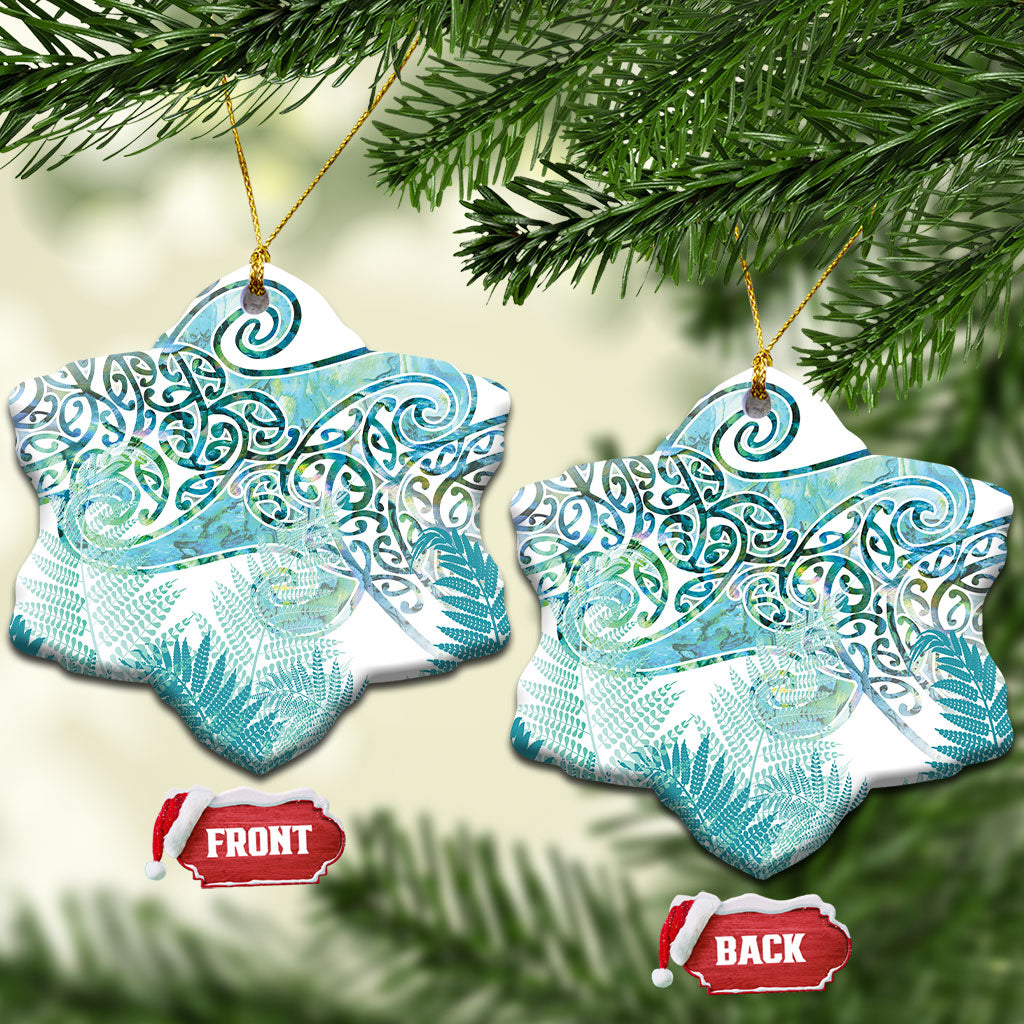 Aotearoa Maori Koru Curves Ceramic Ornament Mossy Paua Shell LT7 Snow Flake Green - Polynesian Pride