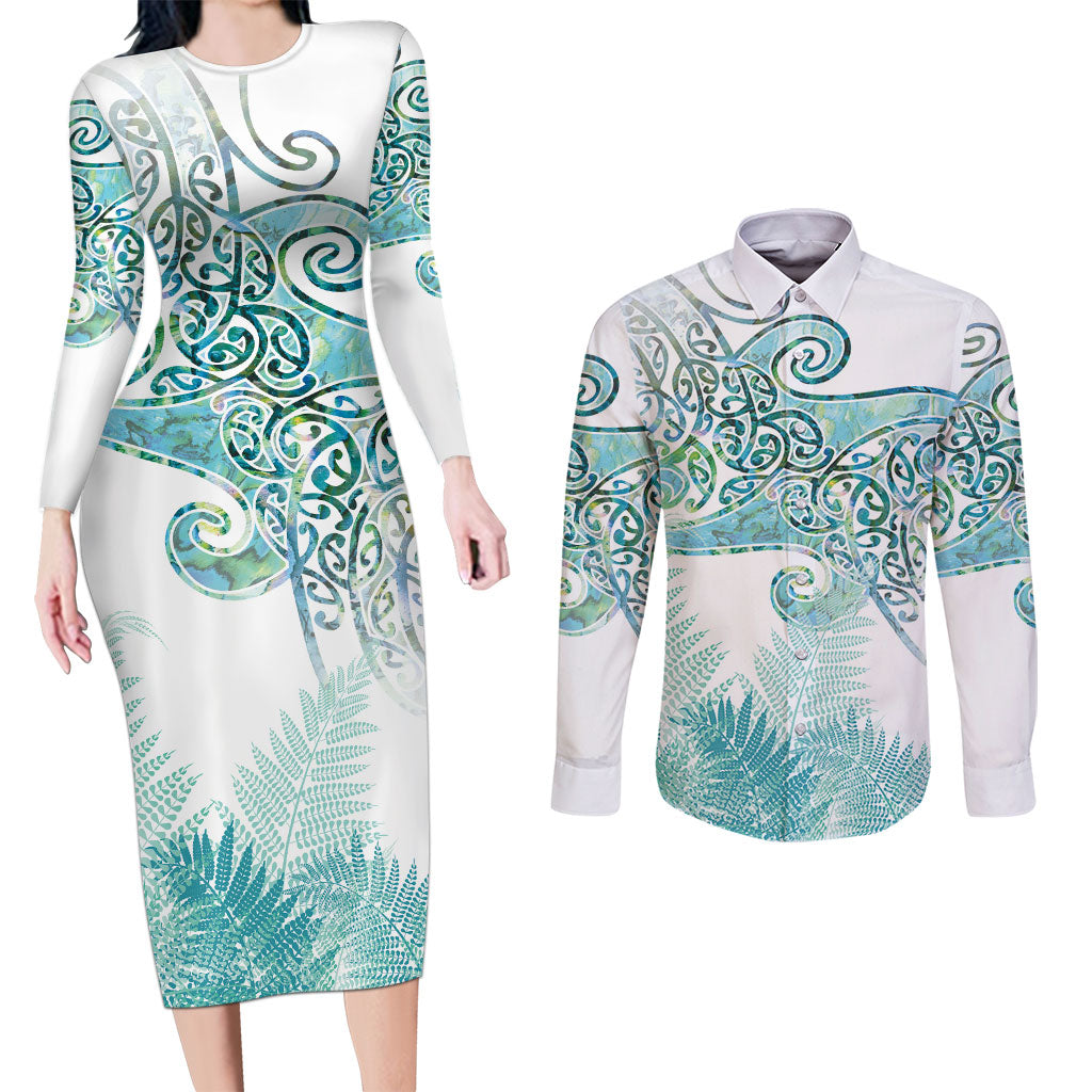 Aotearoa Maori Koru Curves Couples Matching Long Sleeve Bodycon Dress and Long Sleeve Button Shirt Mossy Paua Shell LT7 Green - Polynesian Pride