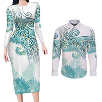 Aotearoa Maori Koru Curves Couples Matching Long Sleeve Bodycon Dress and Long Sleeve Button Shirt Mossy Paua Shell LT7 Green - Polynesian Pride
