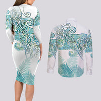 Aotearoa Maori Koru Curves Couples Matching Long Sleeve Bodycon Dress and Long Sleeve Button Shirt Mossy Paua Shell LT7 - Polynesian Pride