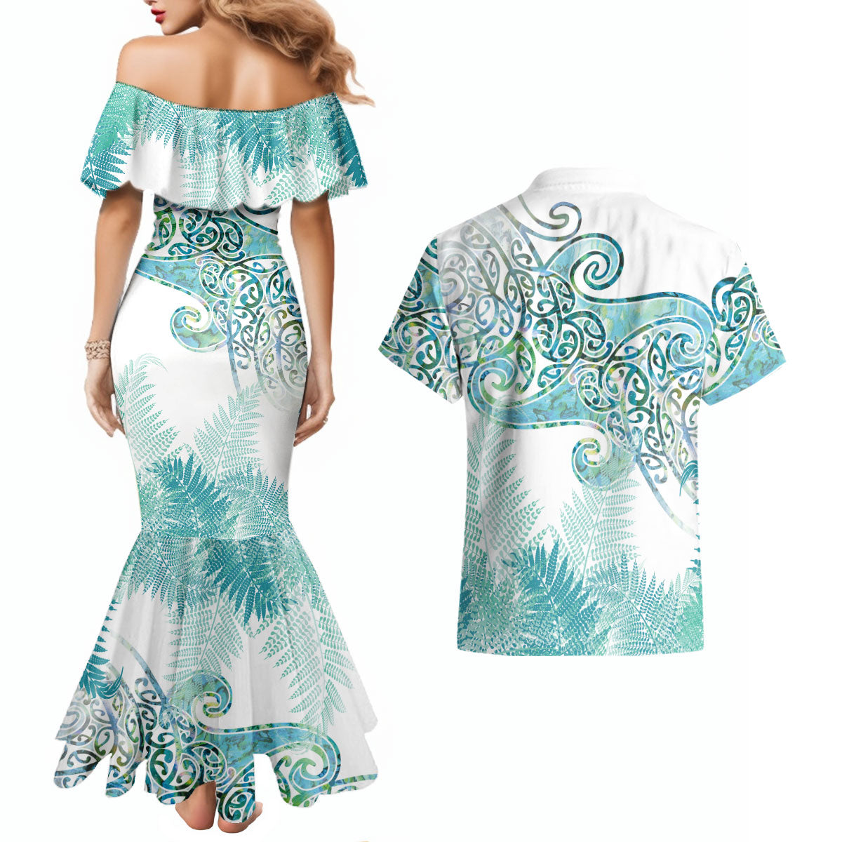 Aotearoa Maori Koru Curves Couples Matching Mermaid Dress and Hawaiian Shirt Mossy Paua Shell LT7 - Polynesian Pride