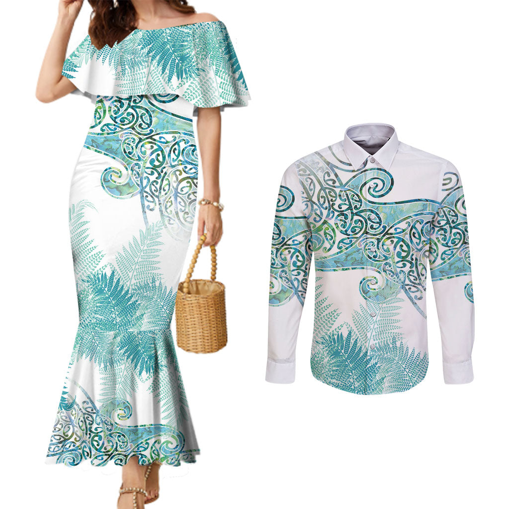 Aotearoa Maori Koru Curves Couples Matching Mermaid Dress and Long Sleeve Button Shirt Mossy Paua Shell LT7 Green - Polynesian Pride