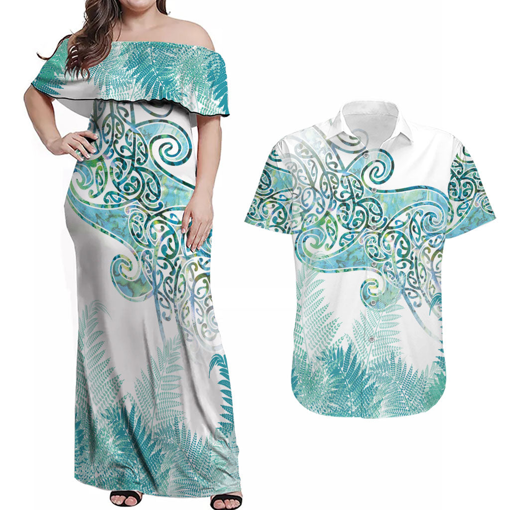 Aotearoa Maori Koru Curves Couples Matching Off Shoulder Maxi Dress and Hawaiian Shirt Mossy Paua Shell LT7 Green - Polynesian Pride