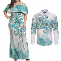 Aotearoa Maori Koru Curves Couples Matching Off Shoulder Maxi Dress and Long Sleeve Button Shirt Mossy Paua Shell LT7 Green - Polynesian Pride