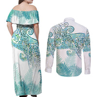 Aotearoa Maori Koru Curves Couples Matching Off Shoulder Maxi Dress and Long Sleeve Button Shirt Mossy Paua Shell LT7 - Polynesian Pride