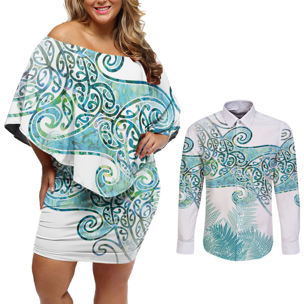 Aotearoa Maori Koru Curves Couples Matching Off Shoulder Short Dress and Long Sleeve Button Shirt Mossy Paua Shell LT7 Green - Polynesian Pride