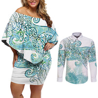 Aotearoa Maori Koru Curves Couples Matching Off Shoulder Short Dress and Long Sleeve Button Shirt Mossy Paua Shell LT7 Green - Polynesian Pride
