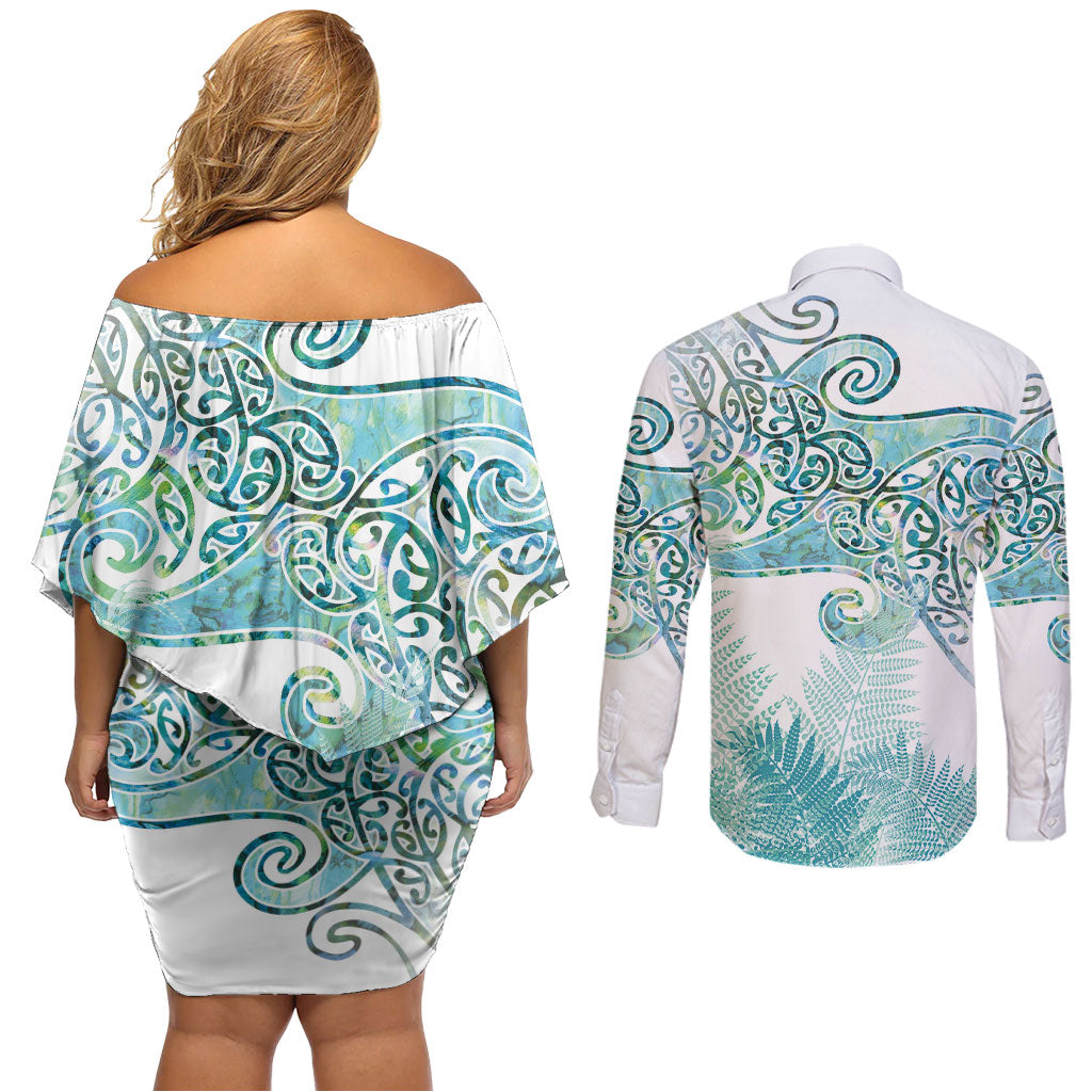 Aotearoa Maori Koru Curves Couples Matching Off Shoulder Short Dress and Long Sleeve Button Shirt Mossy Paua Shell LT7 - Polynesian Pride