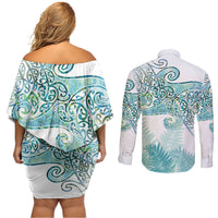 Aotearoa Maori Koru Curves Couples Matching Off Shoulder Short Dress and Long Sleeve Button Shirt Mossy Paua Shell LT7 - Polynesian Pride
