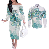 Aotearoa Maori Koru Curves Couples Matching Off The Shoulder Long Sleeve Dress and Long Sleeve Button Shirt Mossy Paua Shell LT7 Green - Polynesian Pride