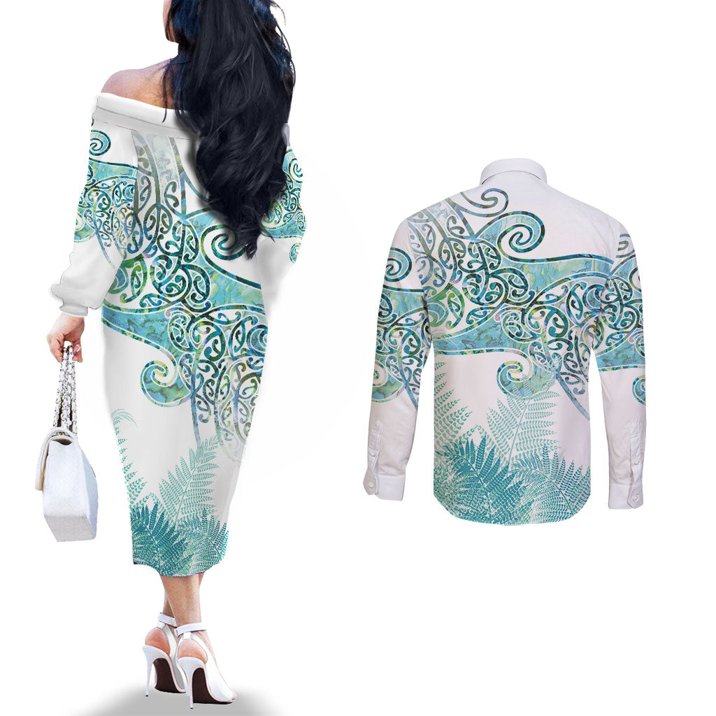 Aotearoa Maori Koru Curves Couples Matching Off The Shoulder Long Sleeve Dress and Long Sleeve Button Shirt Mossy Paua Shell LT7 - Polynesian Pride