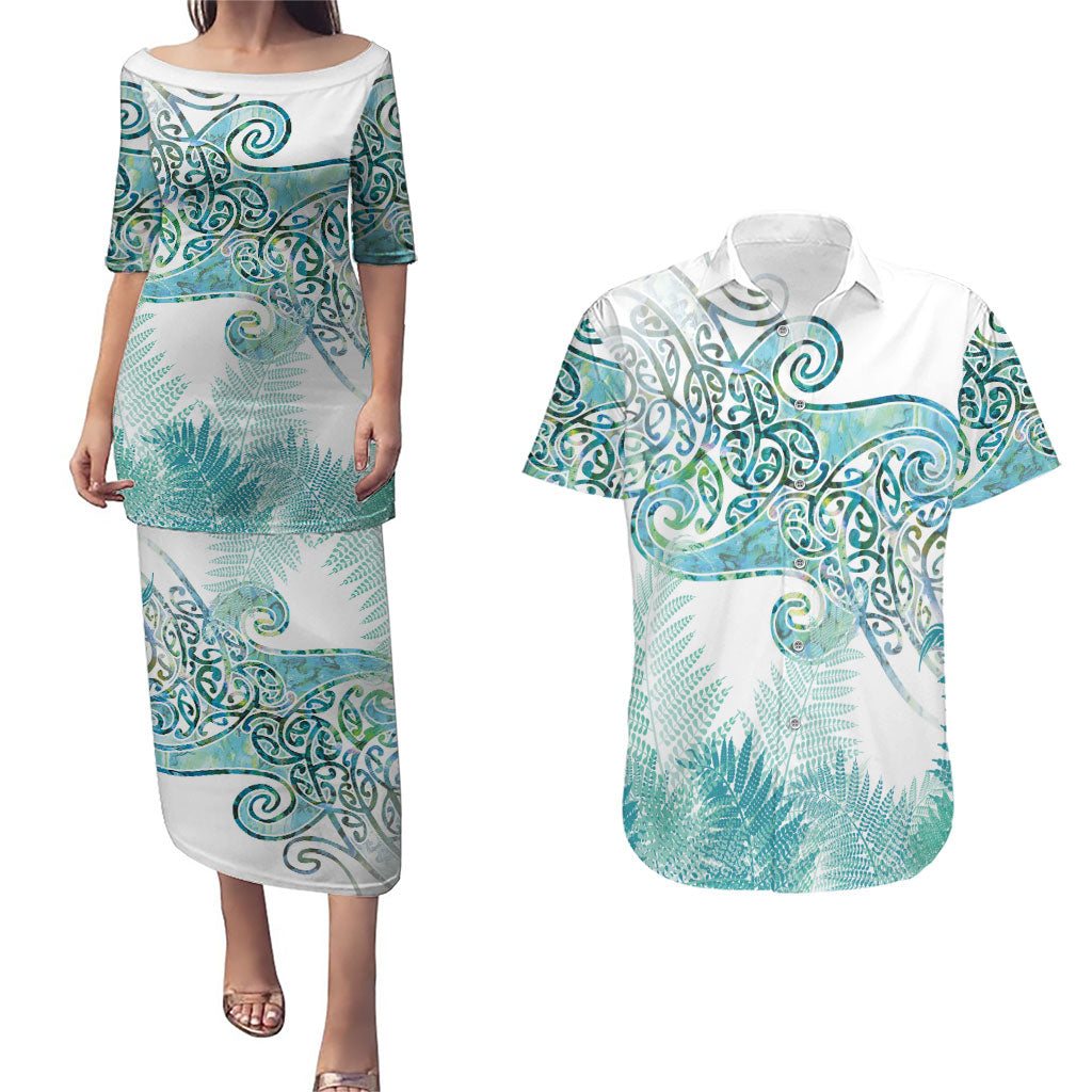 Aotearoa Maori Koru Curves Couples Matching Puletasi and Hawaiian Shirt Mossy Paua Shell LT7 Green - Polynesian Pride