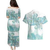 Aotearoa Maori Koru Curves Couples Matching Puletasi and Hawaiian Shirt Mossy Paua Shell LT7 - Polynesian Pride