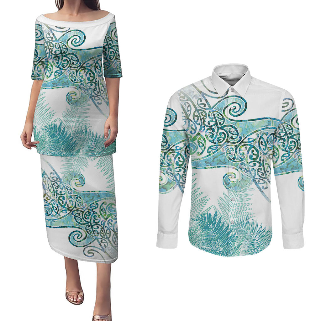 Aotearoa Maori Koru Curves Couples Matching Puletasi and Long Sleeve Button Shirt Mossy Paua Shell LT7 Green - Polynesian Pride