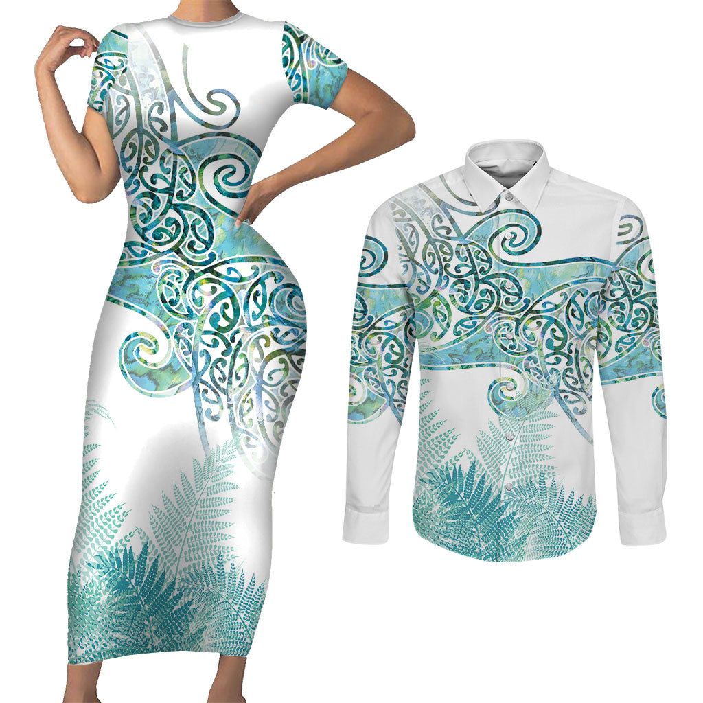 Aotearoa Maori Koru Curves Couples Matching Short Sleeve Bodycon Dress and Long Sleeve Button Shirt Mossy Paua Shell LT7 Green - Polynesian Pride
