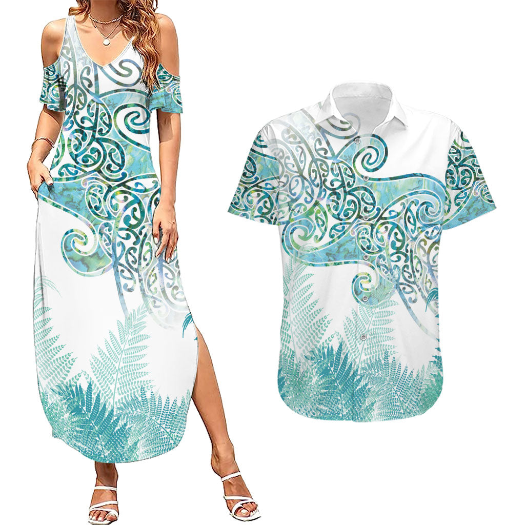Aotearoa Maori Koru Curves Couples Matching Summer Maxi Dress and Hawaiian Shirt Mossy Paua Shell LT7 Green - Polynesian Pride
