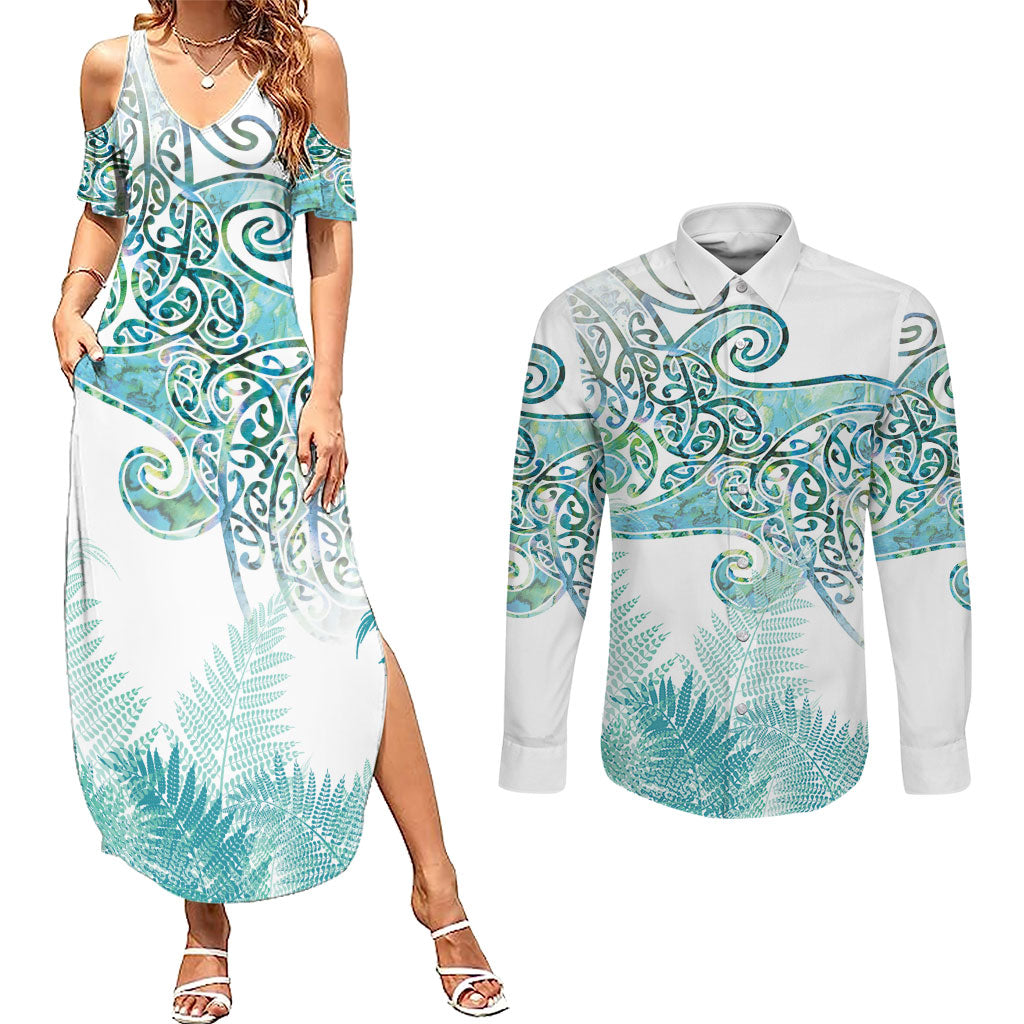 Aotearoa Maori Koru Curves Couples Matching Summer Maxi Dress and Long Sleeve Button Shirt Mossy Paua Shell LT7 Green - Polynesian Pride