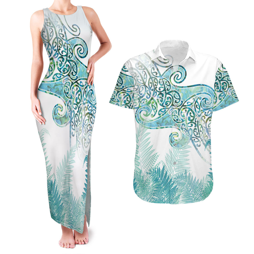 Aotearoa Maori Koru Curves Couples Matching Tank Maxi Dress and Hawaiian Shirt Mossy Paua Shell LT7 Green - Polynesian Pride