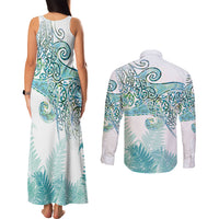 Aotearoa Maori Koru Curves Couples Matching Tank Maxi Dress and Long Sleeve Button Shirt Mossy Paua Shell LT7 - Polynesian Pride