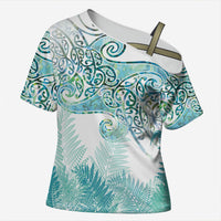 Aotearoa Maori Koru Curves Cross Shoulder Shirt Mossy Paua Shell LT7 Female Green - Polynesian Pride