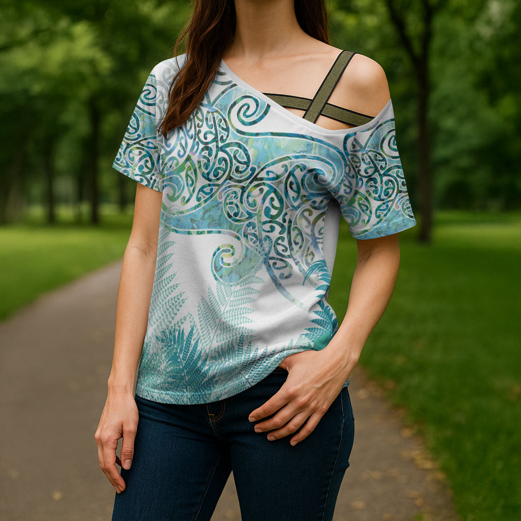 Aotearoa Maori Koru Curves Cross Shoulder Shirt Mossy Paua Shell LT7 - Polynesian Pride