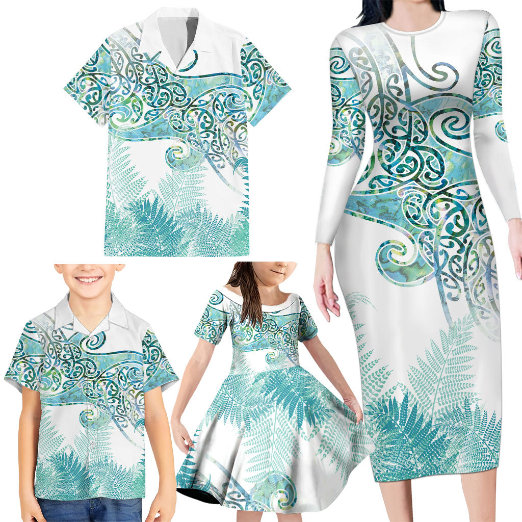Aotearoa Maori Koru Curves Family Matching Long Sleeve Bodycon Dress and Hawaiian Shirt Mossy Paua Shell
