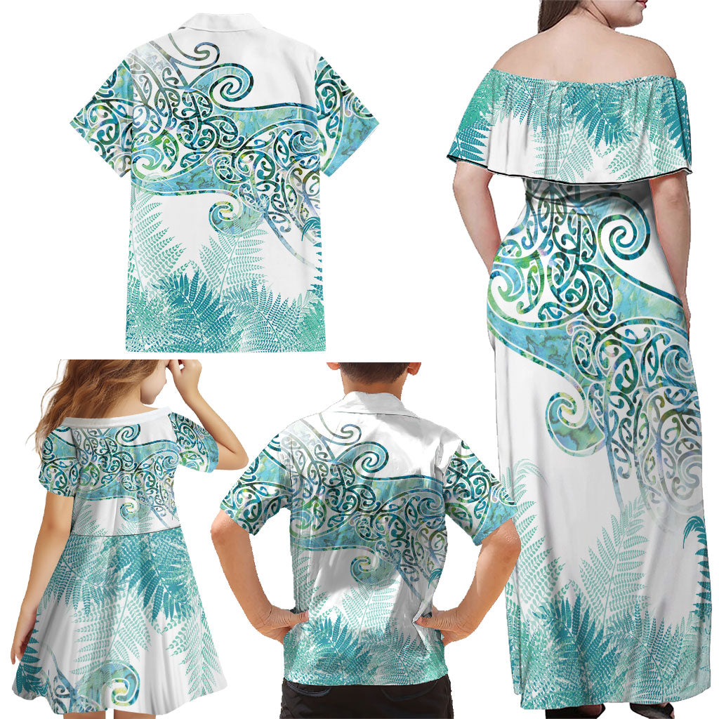 Aotearoa Maori Koru Curves Family Matching Off Shoulder Maxi Dress and Hawaiian Shirt Mossy Paua Shell
