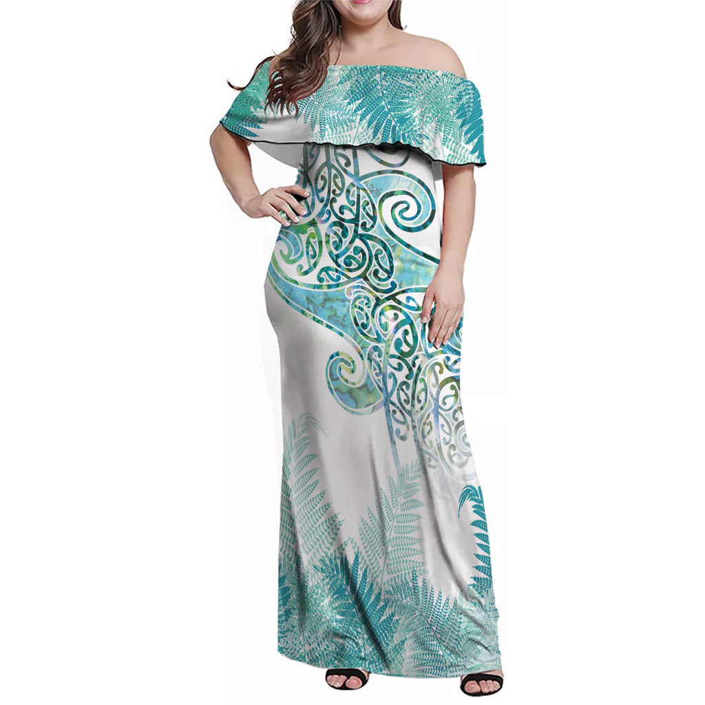 Aotearoa Maori Koru Curves Family Matching Off Shoulder Maxi Dress and Hawaiian Shirt Mossy Paua Shell