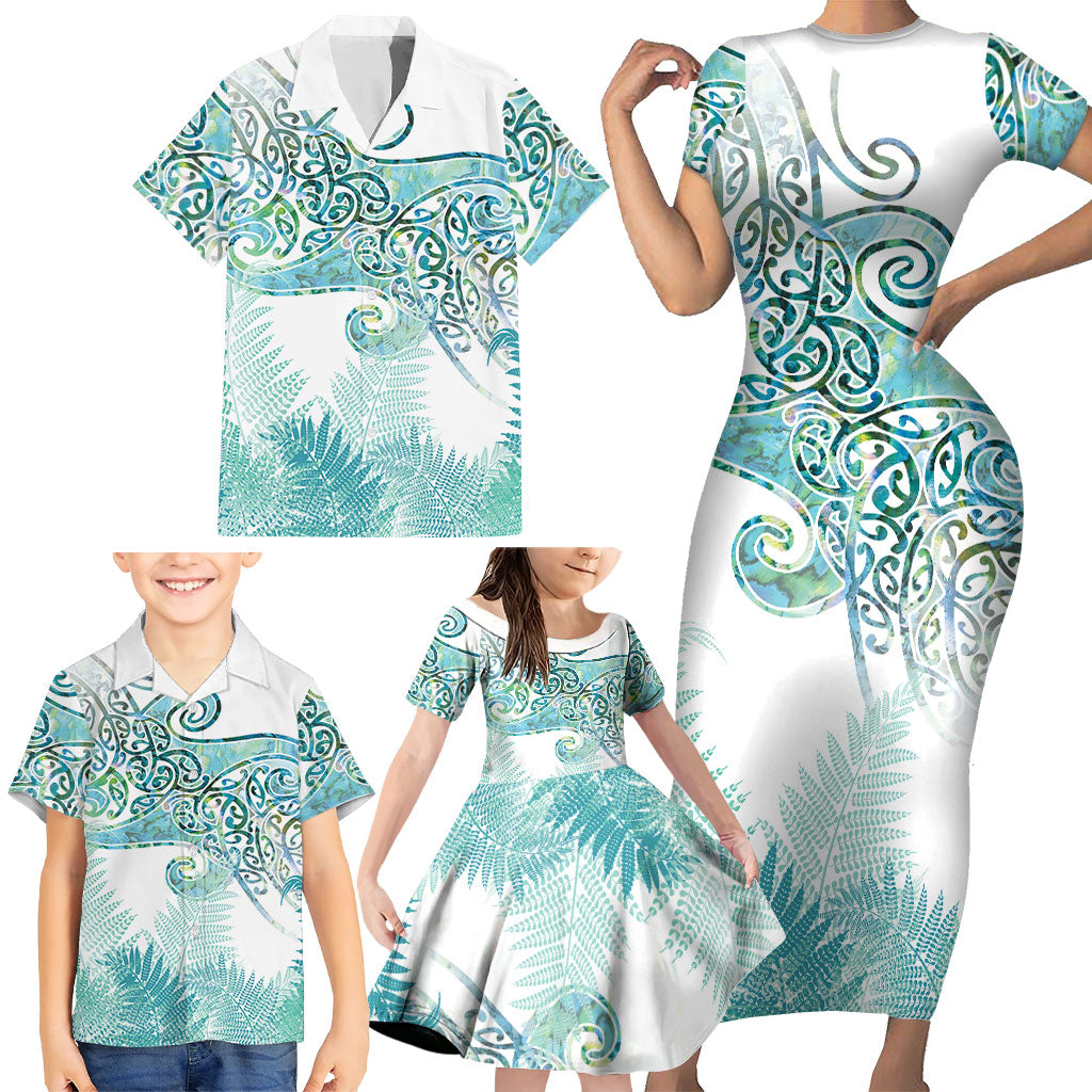 Aotearoa Maori Koru Curves Family Matching Short Sleeve Bodycon Dress and Hawaiian Shirt Mossy Paua Shell