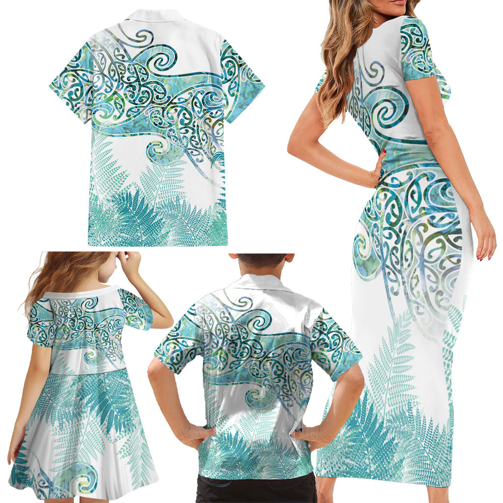Aotearoa Maori Koru Curves Family Matching Short Sleeve Bodycon Dress and Hawaiian Shirt Mossy Paua Shell