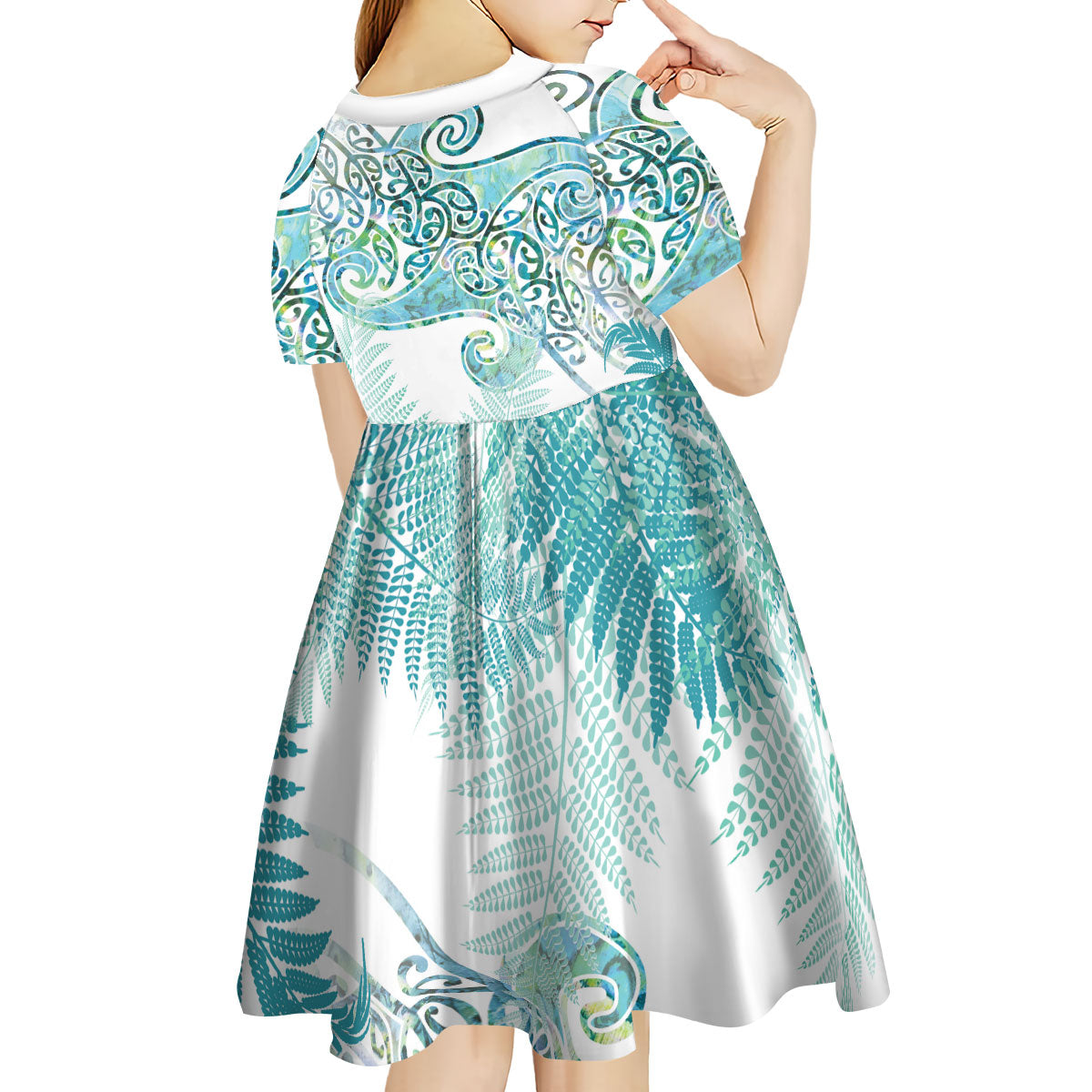Aotearoa Maori Koru Curves Kid Short Sleeve Dress Mossy Paua Shell LT7 - Polynesian Pride