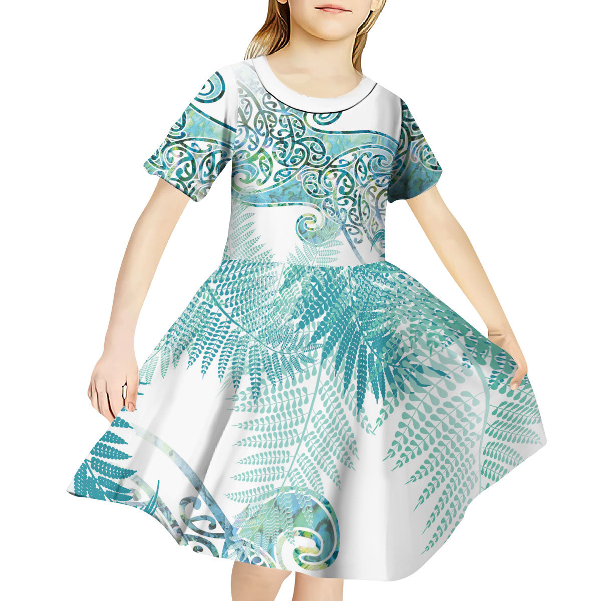 Aotearoa Maori Koru Curves Kid Short Sleeve Dress Mossy Paua Shell LT7 - Polynesian Pride