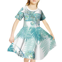 Aotearoa Maori Koru Curves Kid Short Sleeve Dress Mossy Paua Shell LT7 - Polynesian Pride