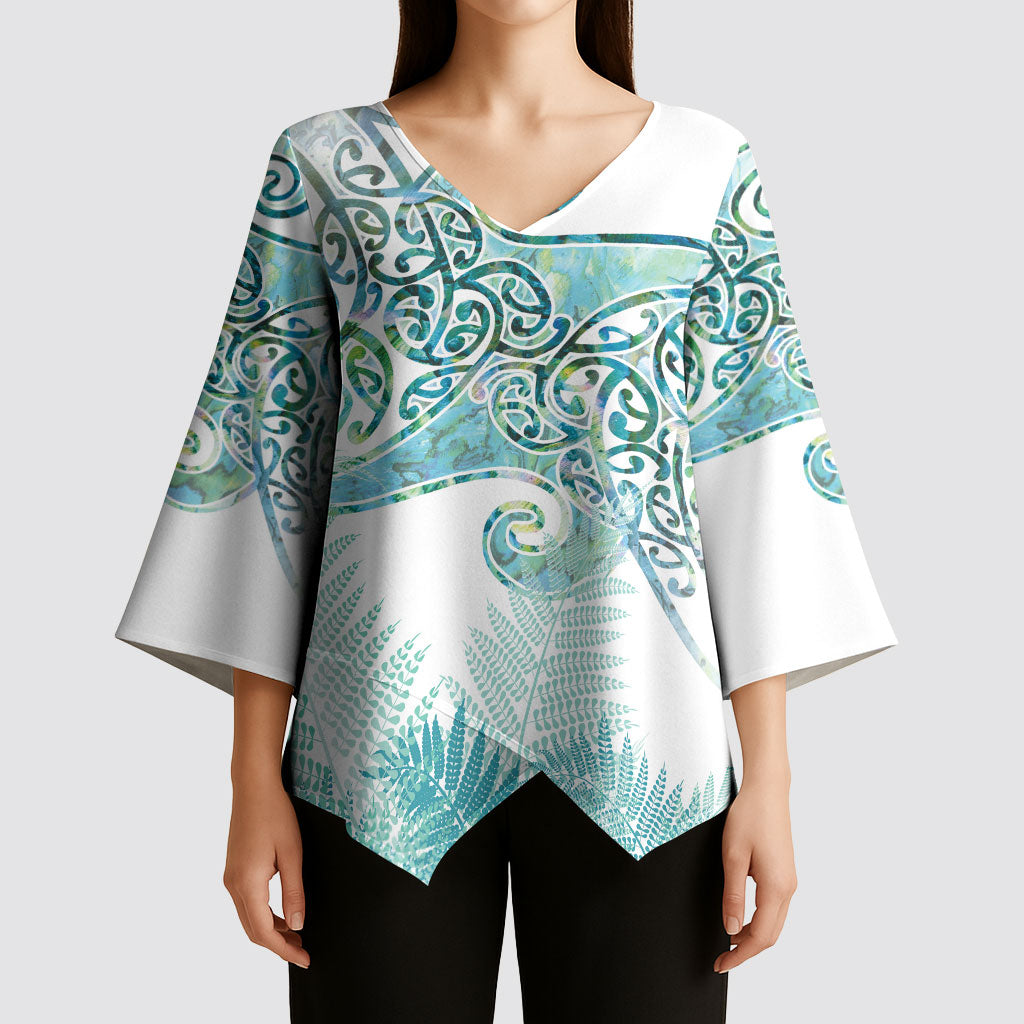 Aotearoa Maori Koru Curves Kimono Sleeve Blouse Mossy Paua Shell LT7 - Polynesian Pride