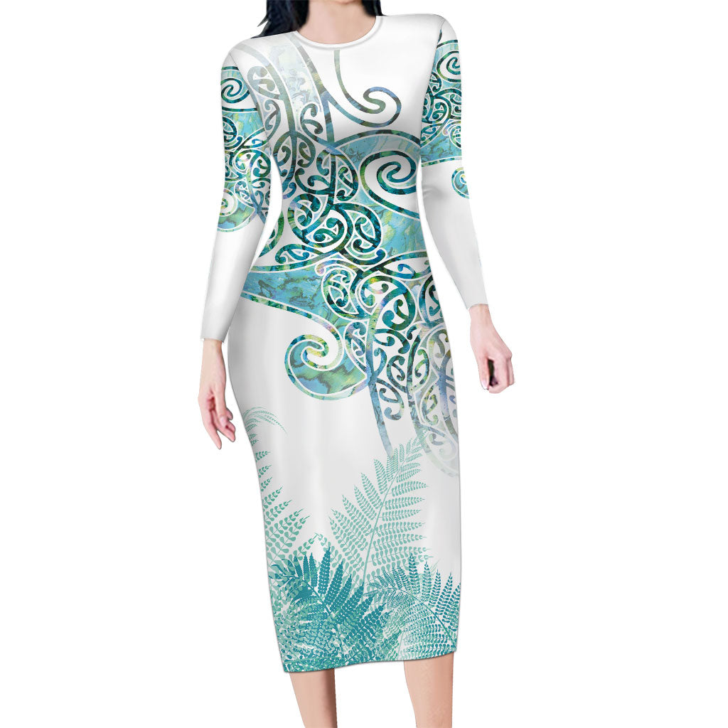 Aotearoa Maori Koru Curves Long Sleeve Bodycon Dress Mossy Paua Shell LT7 Long Dress Green - Polynesian Pride