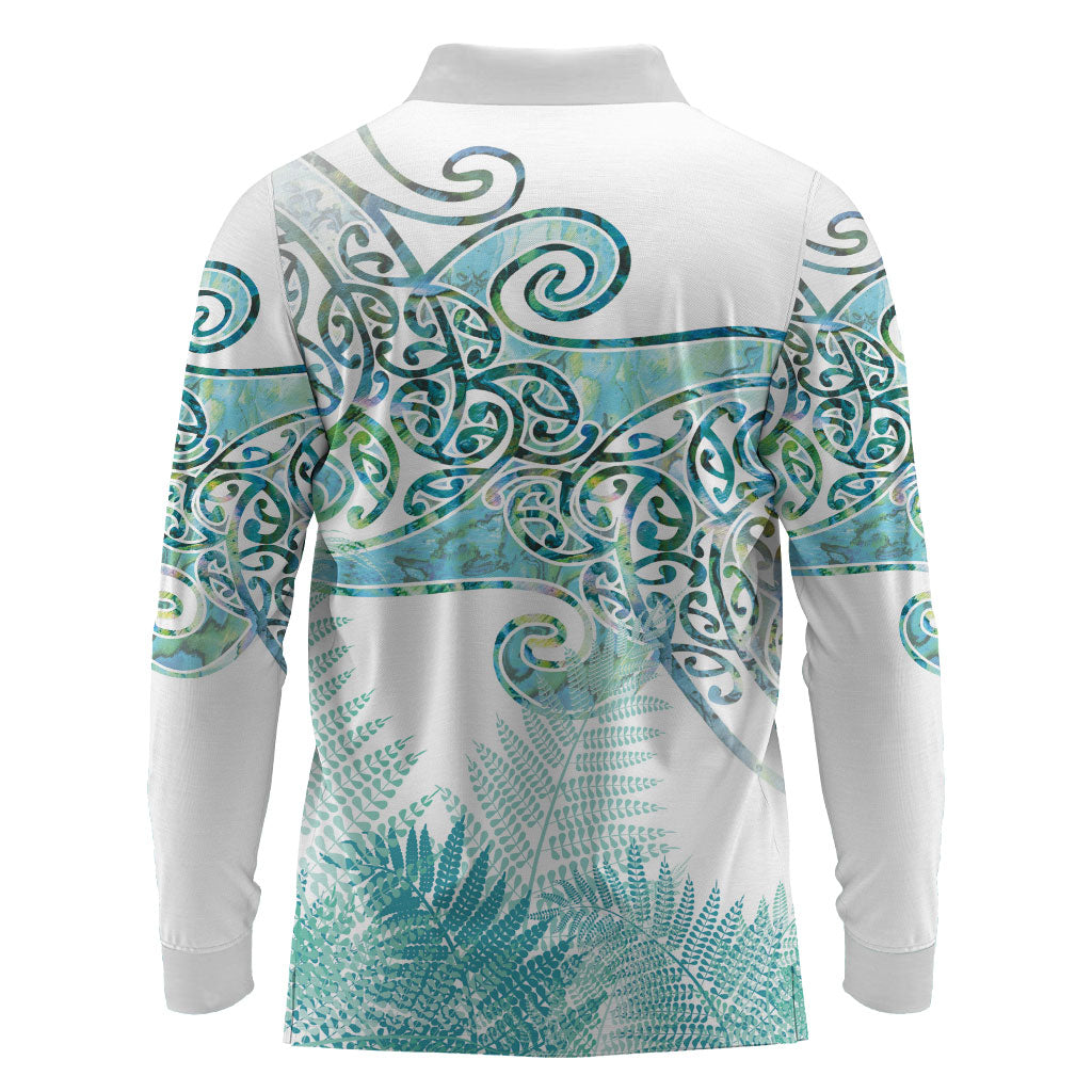 Aotearoa Maori Koru Curves Long Sleeve Polo Shirt Mossy Paua Shell LT7 - Polynesian Pride