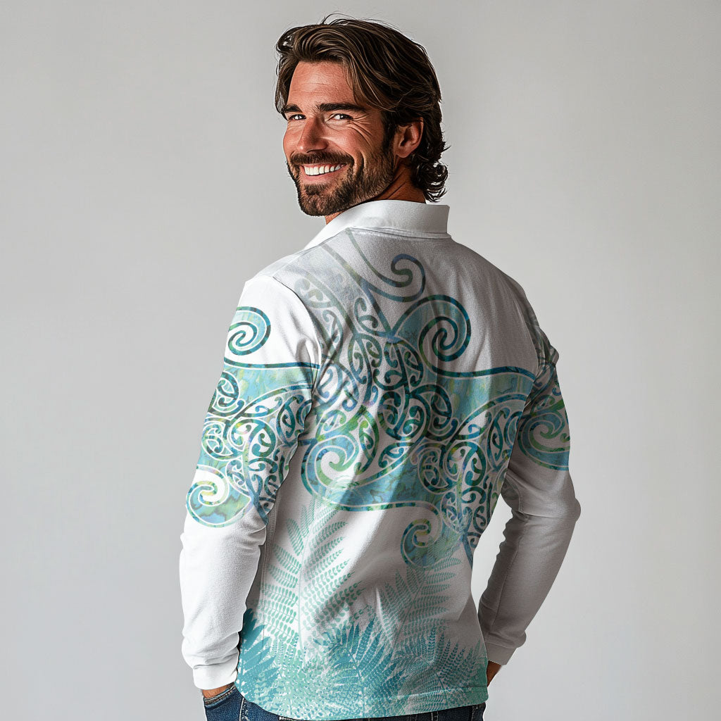 Aotearoa Maori Koru Curves Long Sleeve Polo Shirt Mossy Paua Shell LT7 - Polynesian Pride