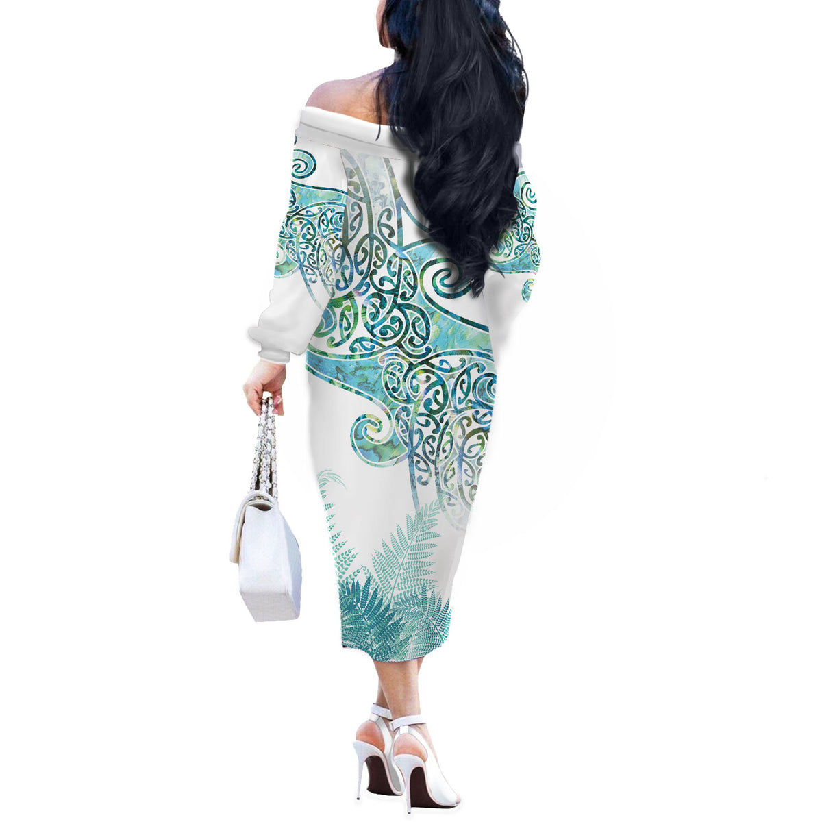 Aotearoa Maori Koru Curves Off The Shoulder Long Sleeve Dress Mossy Paua Shell LT7 - Polynesian Pride