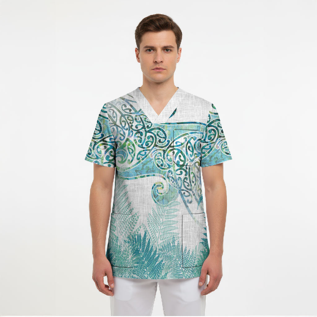 Aotearoa Maori Koru Curves Scrub Top Mossy Paua Shell LT7 - Polynesian Pride