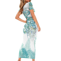 Aotearoa Maori Koru Curves Short Sleeve Bodycon Dress Mossy Paua Shell LT7 - Polynesian Pride