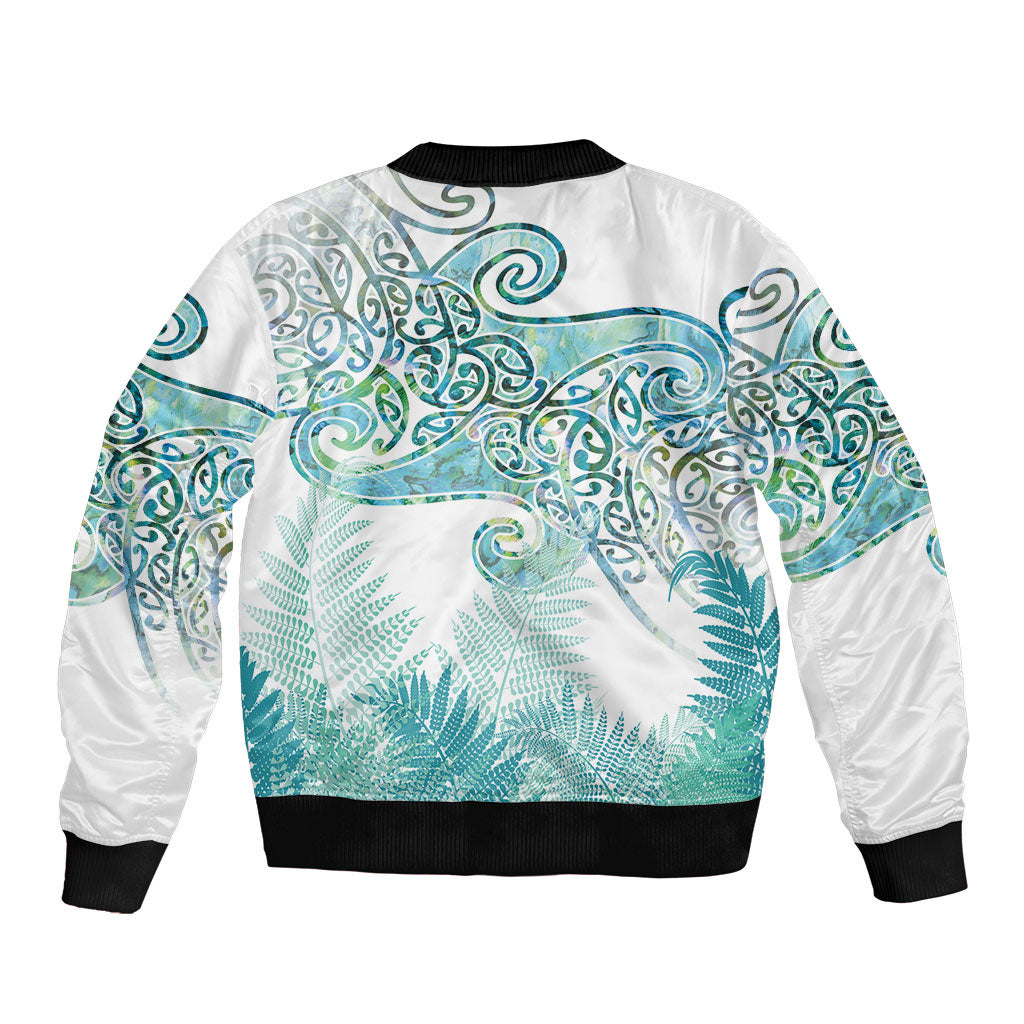 Aotearoa Maori Koru Curves Sleeve Zip Bomber Jacket Mossy Paua Shell LT7 - Polynesian Pride