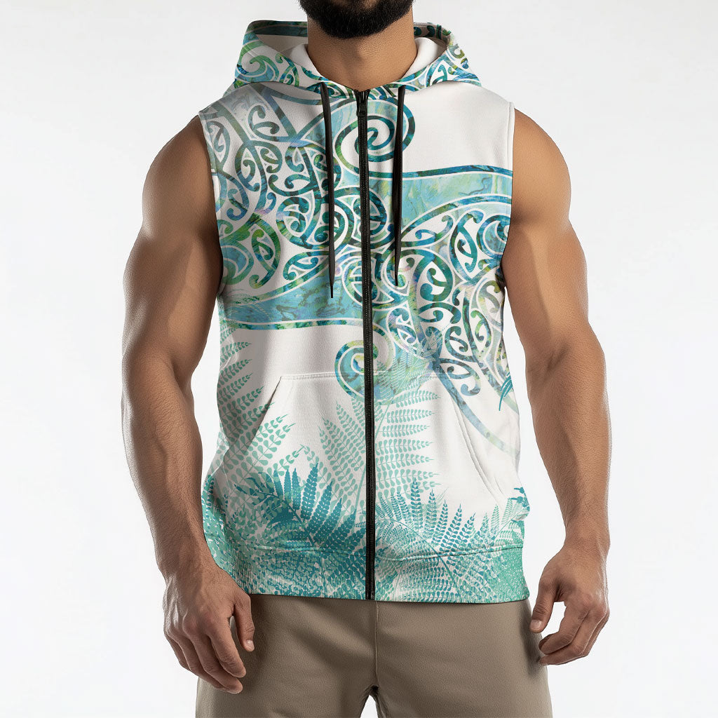 Aotearoa Maori Koru Curves Sleeveless Zip Hoodie Mossy Paua Shell LT7 - Polynesian Pride