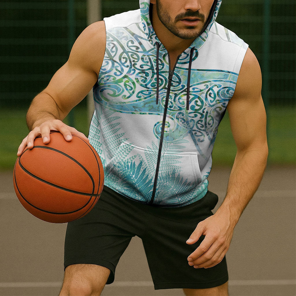 Aotearoa Maori Koru Curves Sleeveless Zip Hoodie Mossy Paua Shell LT7 - Polynesian Pride