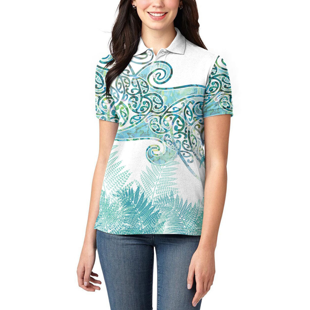 Aotearoa Maori Koru Curves Women Polo Shirt Mossy Paua Shell LT7 - Polynesian Pride